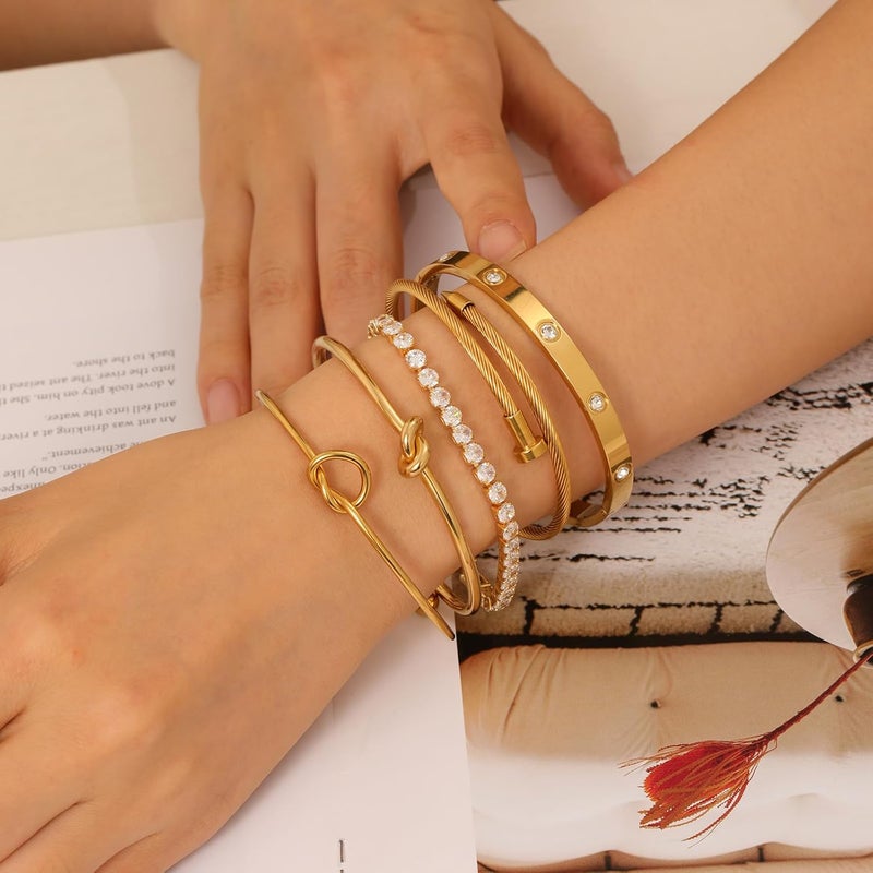 FAFUGA 18 K Gold Plated Love Bangle Bracelet Stack Cuff Jewelry for Women Jewelry Set for Women Gift with Box - Image 3